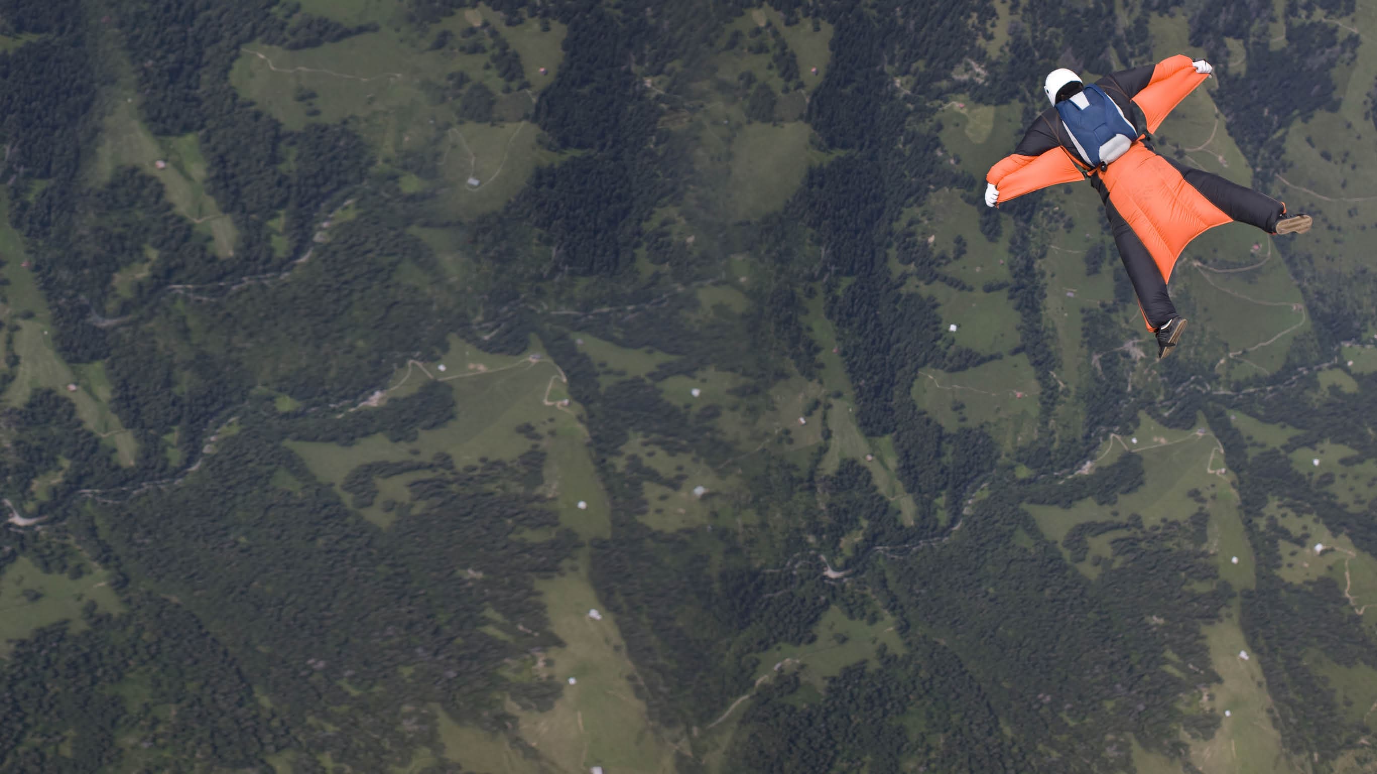 Wingsuit skydiver is tracking over green landscape
