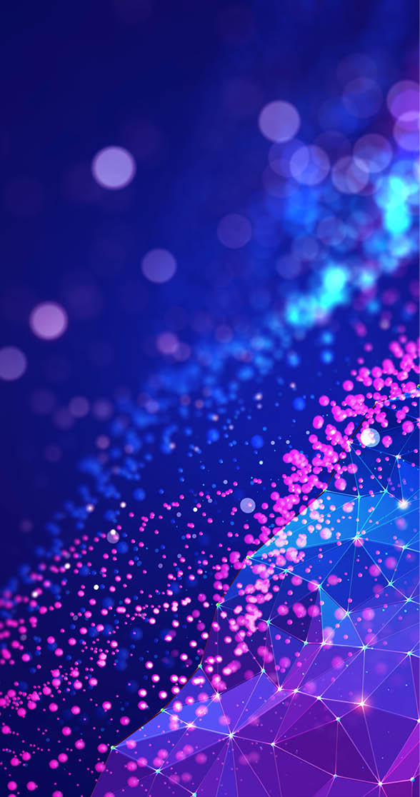 Abstract neural network 3D illustration. Big data concept. Global database and artificial intelligence. Bright, colorful background with bokeh effect