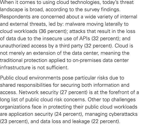 When it comes to using cloud technologies, today’s threat landscape is broad, according to the survey findings. Respo...