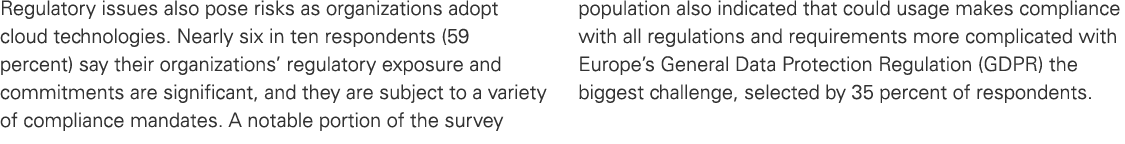 Regulatory issues also pose risks as organizations adopt cloud technologies. Nearly six in ten respondents (59 percen...