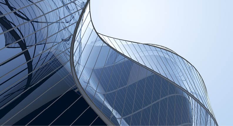 Low angle view of futuristic architecture, Skyscraper of office building with curve glass window, 3D rendering.