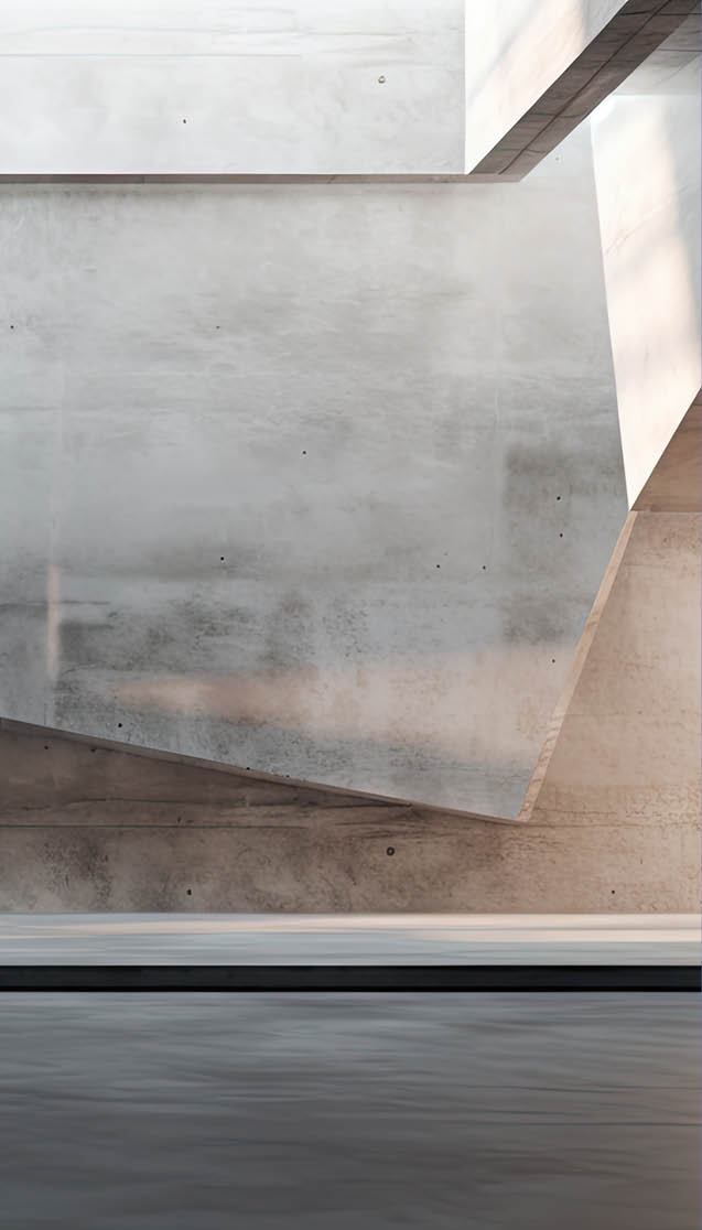 a concrete room with abstract interior design against an architectural background