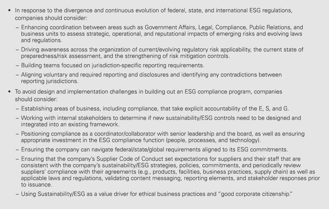 • In response to the divergence and continuous evolution of federal, state, and international ESG regulations, compan...
