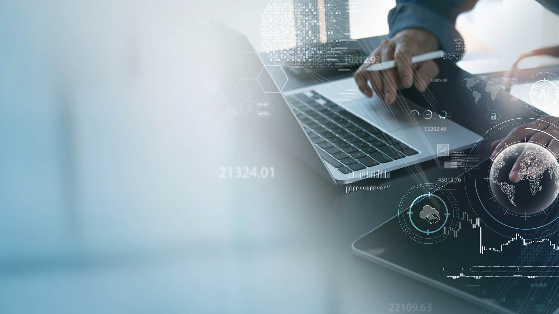 Data science, Business and Artificial Intelligence AI, Digital Technology concept. Businessman working with laptop computer and big data, global internet network, business analysis