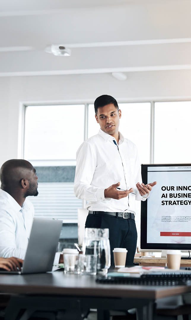 Meeting presentation, screen or businessman or speaker with company growth strategy, planning or proposal. Manager, seo mission or presenter talking to corporate people in workshop, report or seminar.