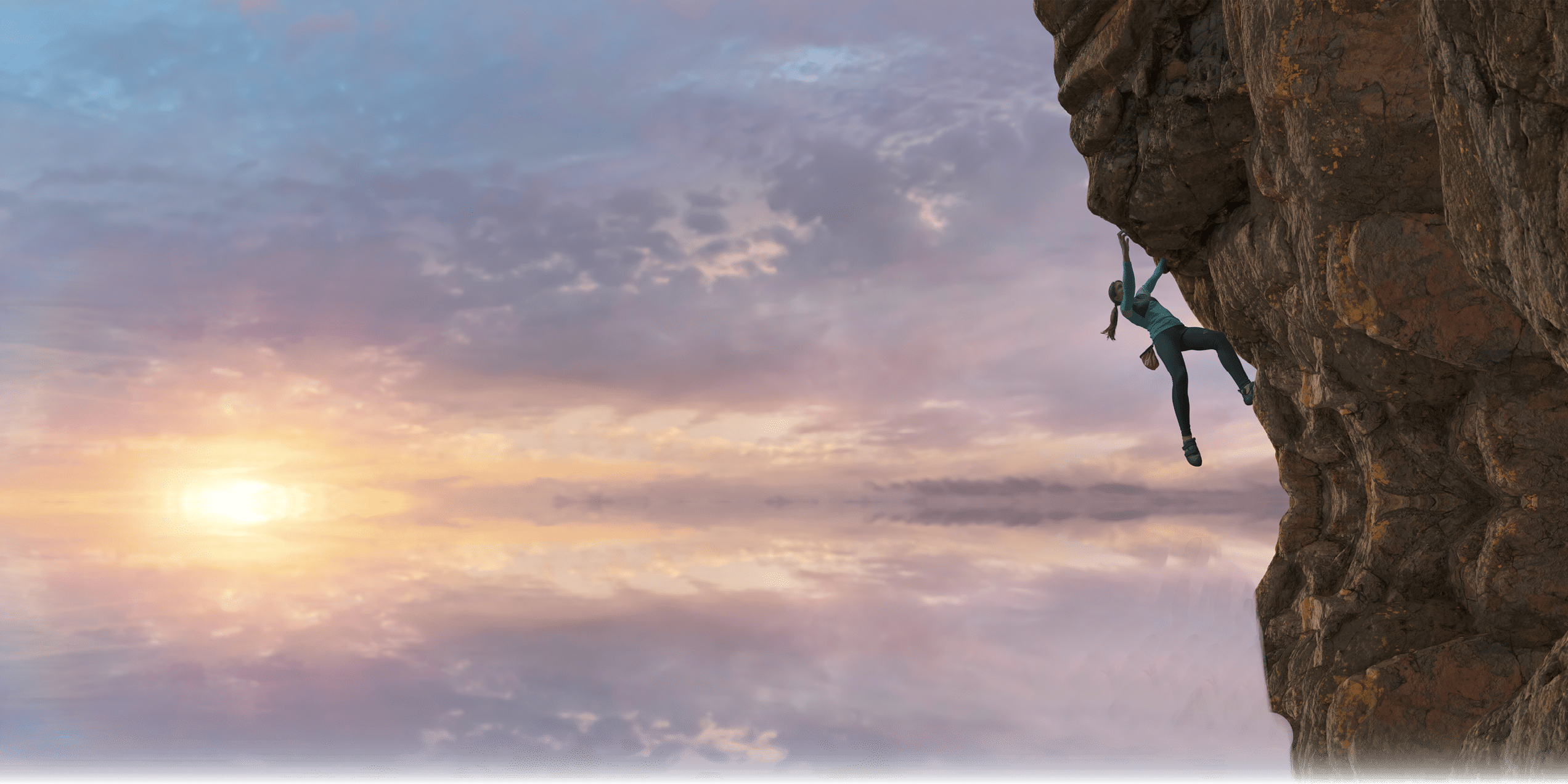 A young female free climber dressed in leggings, long sleeved climbing top, climbing shoes and chalk bag high up on a steep sheer rock face  The climber is in a coastal location as the morning sun rises over water and small islands  With selective focus on the climber 